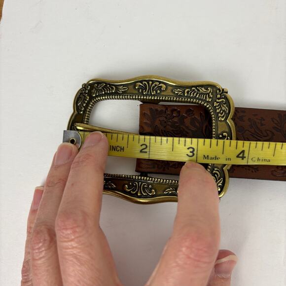 Hand Tooled Brown Leather Belt Brass Buckle Boho Western Country 30.25\